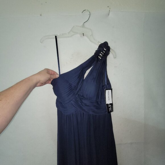 XSCAPE Dress Womens 6 Navy Blue Maxi One Shoulder Chiffon Formal Gown Beaded - Picture 3 of 16